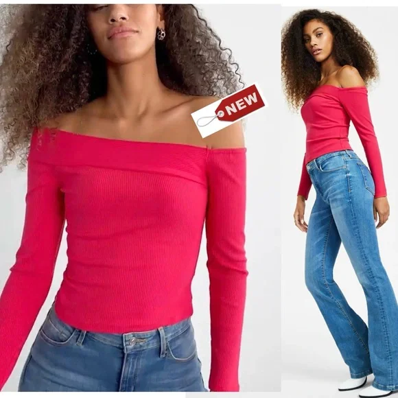 Guess Amelia Off Shoulder Fitted Ribbed Top In Fruit Punch Pink Sz L NWT - Picture 11 of 11